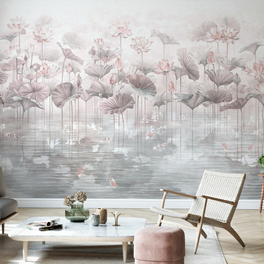 Tapet cu design minimalist, Koi Koi, Blue, cu nuanțe delicate de albastru și o imagine relaxantă de pești Koi înotând printre flori de lotus.