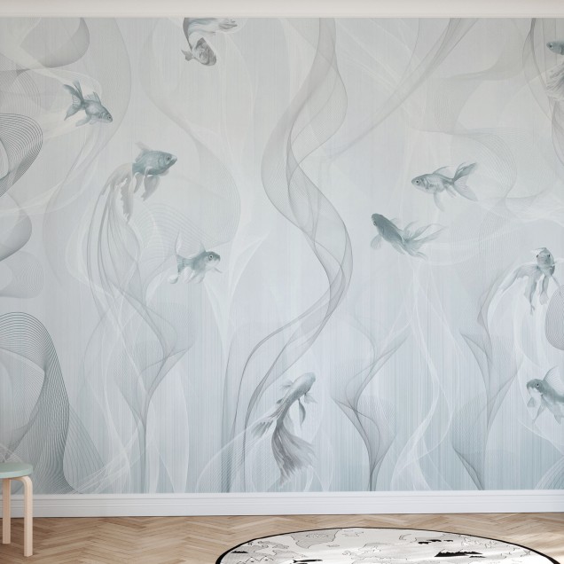 Fototapet cu design de pești albaștri, ideal pentru un decor modern