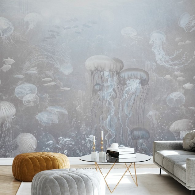 Fototapet cu meduze in tonuri sepia, decorat cu plante si mobilier modern