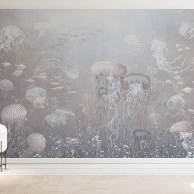 Fototapet cu meduze in tonuri sepia, decorat cu plante si mobilier modern