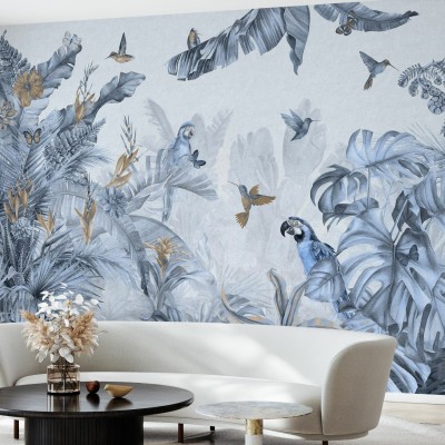 Tapet cu papagali albastri pe fundal tropical. Design unic, culori vibrante și detalii fine. Transformați-vă camera într-o oază de relaxare.