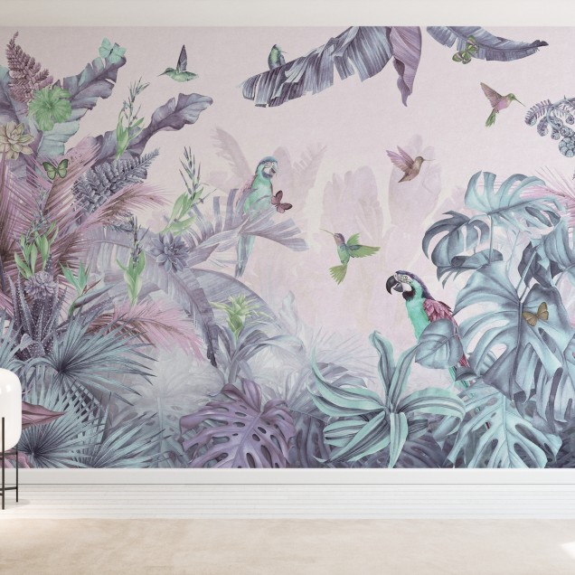 Tapet foto Paradisul Papagaliilor - Polychrome, cu papagali, frunze tropicale și fluturi.