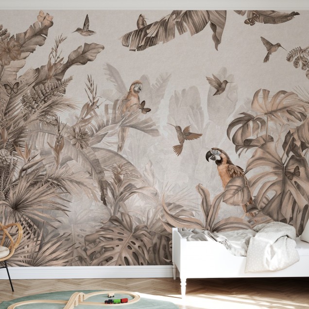 Paradisul papagaliilor în tonuri sepia - wallpaper cu papagali, păsări colibri și frunze tropicale