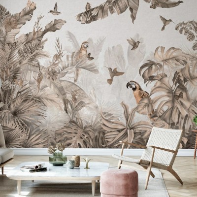 Paradisul papagaliilor în tonuri sepia - wallpaper cu papagali, păsări colibri și frunze tropicale