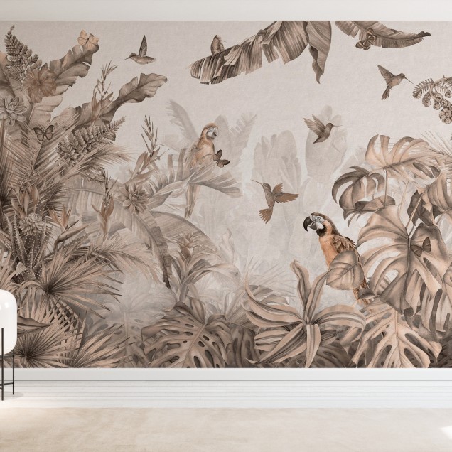 Paradisul papagaliilor în tonuri sepia - wallpaper cu papagali, păsări colibri și frunze tropicale