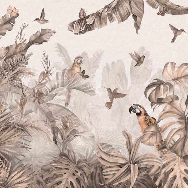 Paradisul papagaliilor în tonuri sepia - wallpaper cu papagali, păsări colibri și frunze tropicale