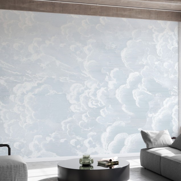 Tapet Cradled in Clouds, Blue cu nori albi pe fundal albastru deschis