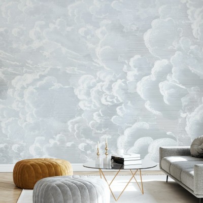 Tapet Cradled in Clouds II, cu nori albi pe un fundal gri deschis