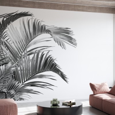Tapet cu frunze de palmier în nuanțe de gri, cu un design minimalist.