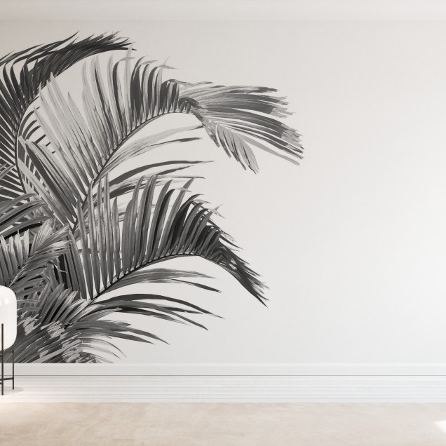 Tapet cu frunze de palmier în nuanțe de gri, cu un design minimalist.