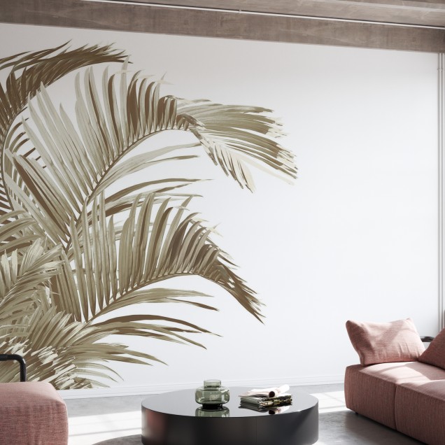 Tapet minimalist cu frunze de palmier în tonuri de sepie, decor perfect pentru dormitor, sufragerie sau hol