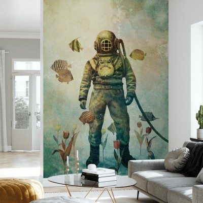 Tapet Deep Sea Garden cu un scafandru în costum tradițional, înconjurat de pești colorați și flori delicate.