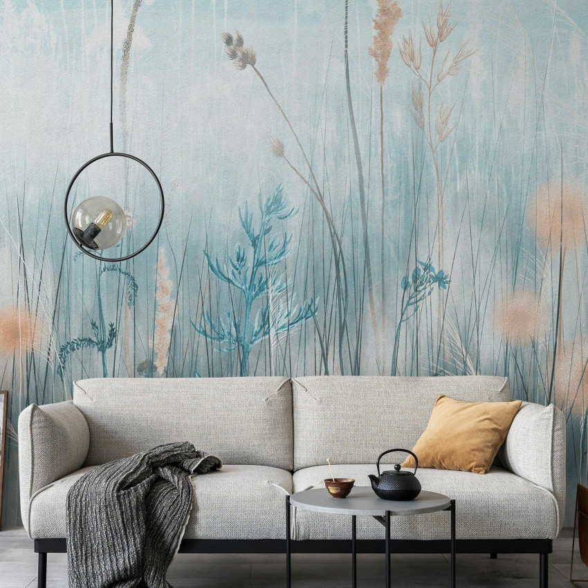 Fototapet cu model floral într-un living modern
