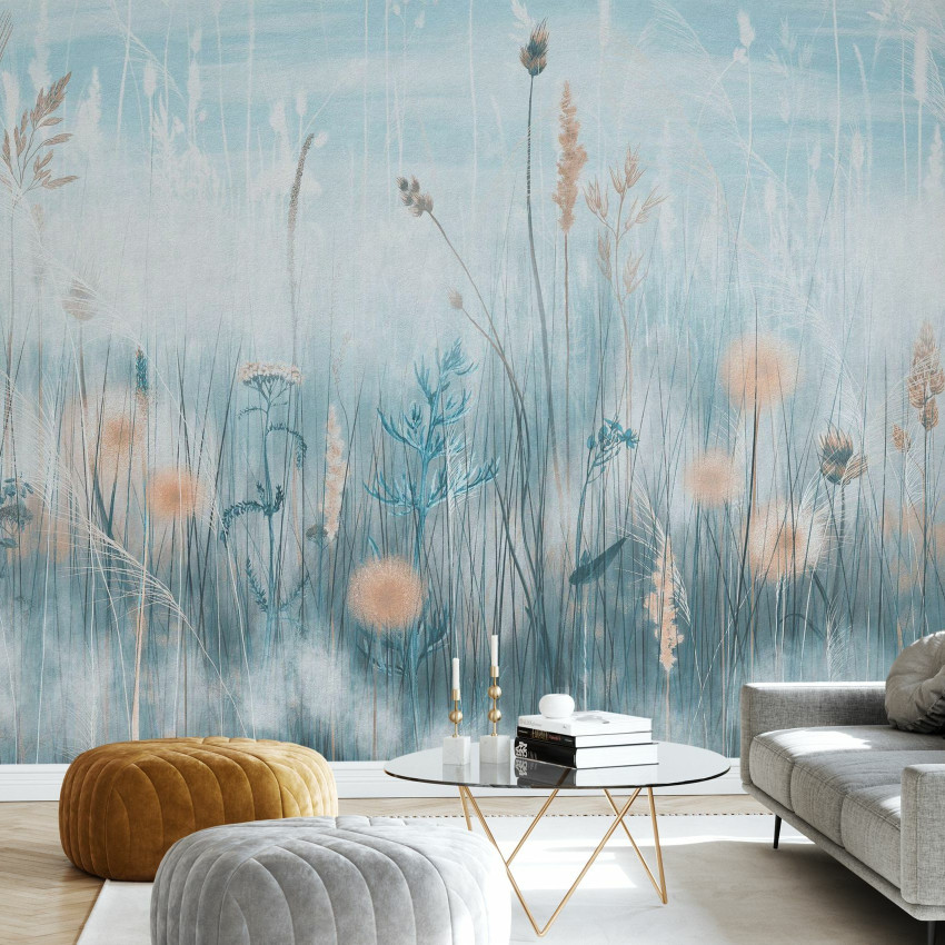 Fototapet cu model floral într-un living modern