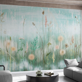Fototapet cu model floral într-un living modern