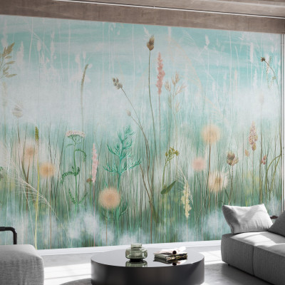 Fototapet cu model floral într-un living modern