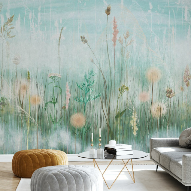 Fototapet cu model floral într-un living modern