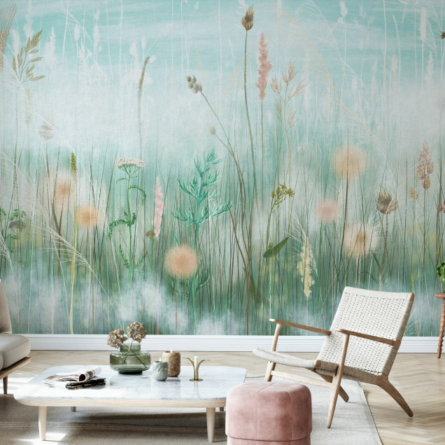 Fototapet cu model floral într-un living modern