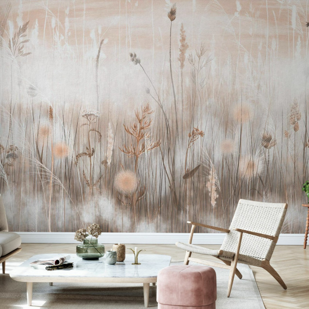 Fototapet cu design floral sepia într-un interior modern