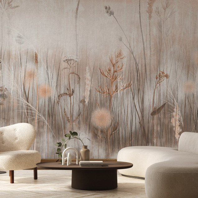 Fototapet cu design floral sepia într-un interior modern