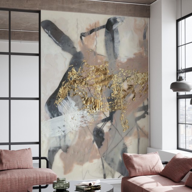 Fototapet abstract cu tonuri blush și accente aurii într-un living modern.