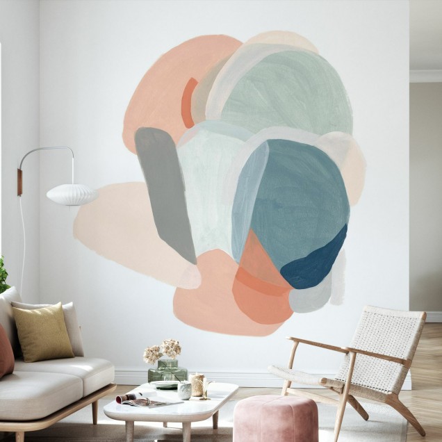 Fototapet modular Motion cu design modern si elegant in nuante pastelate de roz, albastru si gri, ideal pentru dormitor, living sau birou.