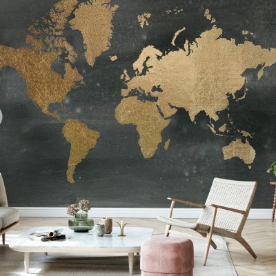 Tapet cu harta lumii aurie pe fundal negru. Design modern și elegant pentru living, dormitor sau birou.