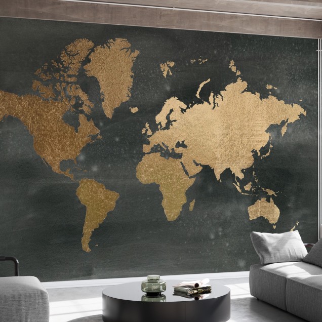 Tapet cu harta lumii aurie pe fundal negru. Design modern și elegant pentru living, dormitor sau birou.