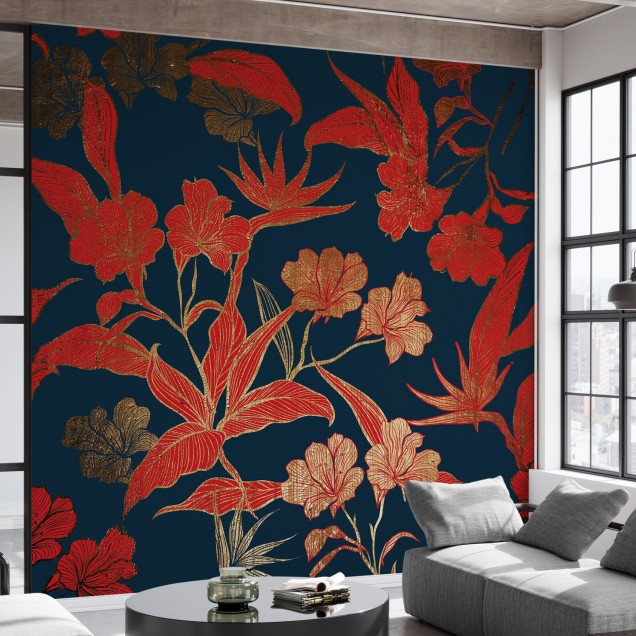 Tapet floral Paradiso, Dark cu flori rosii si frunze aurii pe un fundal albastru inchis.