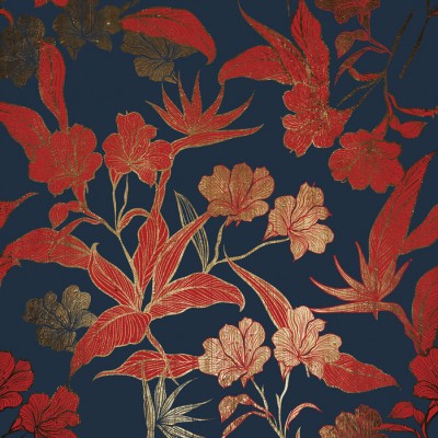 Tapet floral Paradiso, Dark cu flori rosii si frunze aurii pe un fundal albastru inchis.