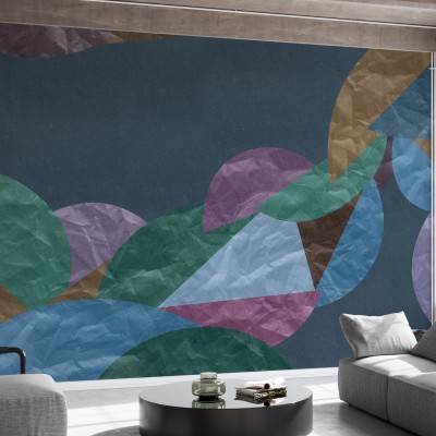 Wallpaper cu design abstract, forme geometrice colorate pe un fundal albastru inchis.