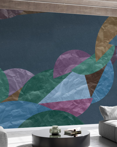 Wallpaper cu design abstract, forme geometrice colorate pe un fundal albastru inchis.