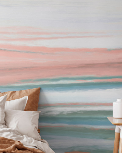 Wallpaper abstract cu nuante pastelate de roz si albastru, pentru o atmosfera relaxanta.