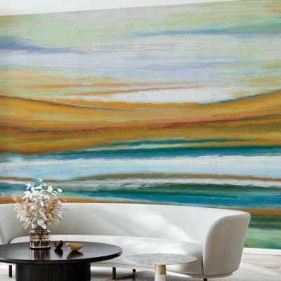 Un model de tapet cu un design abstract cu nuante de galben, portocaliu si albastru, perfect pentru a crea un spatiu primitor.