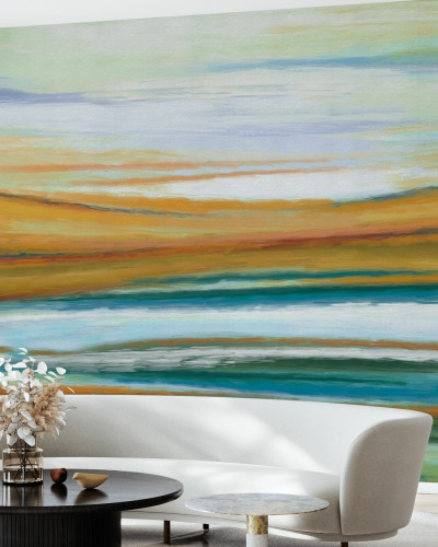 Un model de tapet cu un design abstract cu nuante de galben, portocaliu si albastru, perfect pentru a crea un spatiu primitor.