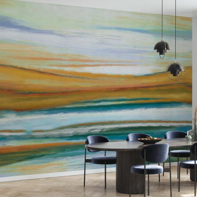 Un model de tapet cu un design abstract cu nuante de galben, portocaliu si albastru, perfect pentru a crea un spatiu primitor.