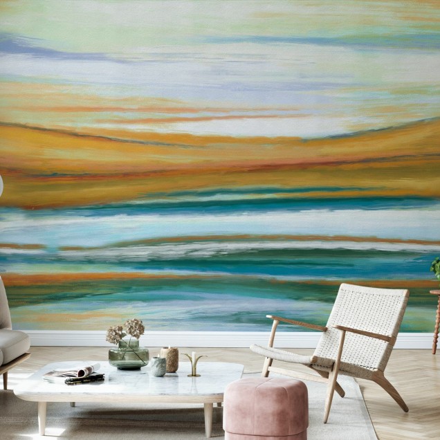 Un model de tapet cu un design abstract cu nuante de galben, portocaliu si albastru, perfect pentru a crea un spatiu primitor.