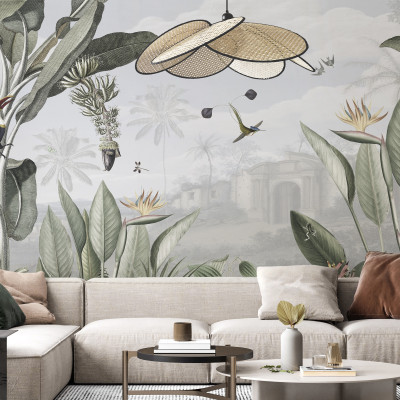 Fototapet cu design botanic, frunze tropicale și detalii exotice