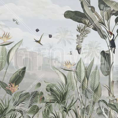 Fototapet cu design botanic, frunze tropicale și detalii exotice