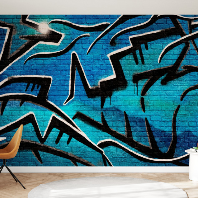 Fototapet cu graffiti albastre și negre pe zid de cărămidă