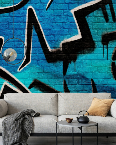 Fototapet cu graffiti albastre și negre pe zid de cărămidă