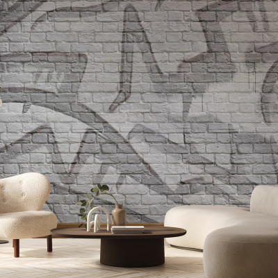 Fototapet cu aspect de zid de cărămidă gri cu graffiti