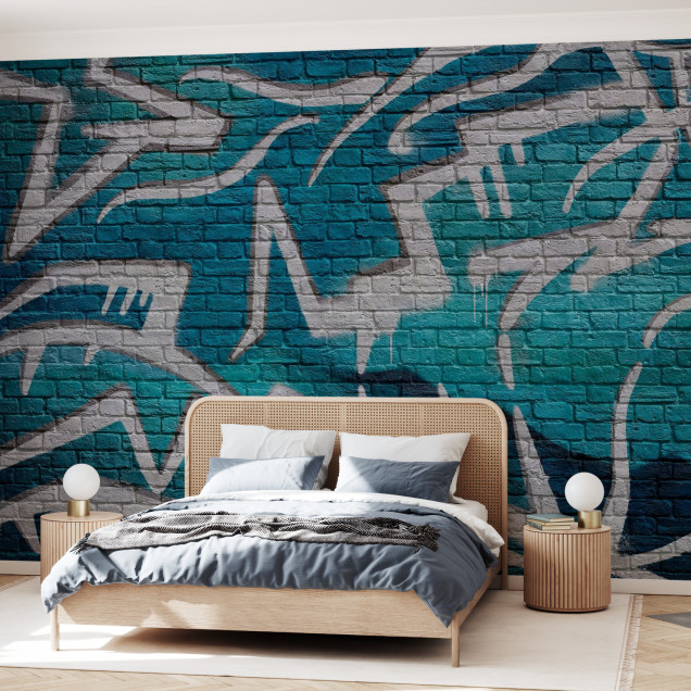 Fototapet cu graffiti turquoise pe zid de cărămidă