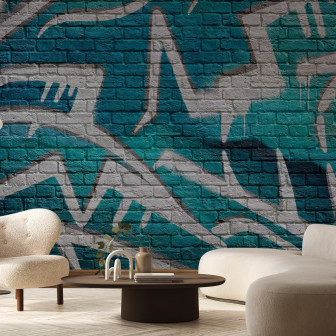 Fototapet cu graffiti turquoise pe zid de cărămidă