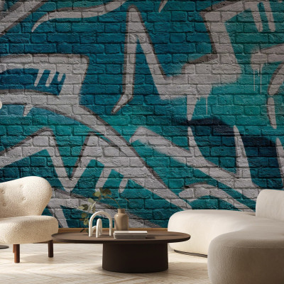 Fototapet cu graffiti turquoise pe zid de cărămidă