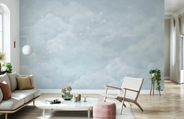 Fototapet Tender Clouds with White Swallows, Soft Blue, Photowall