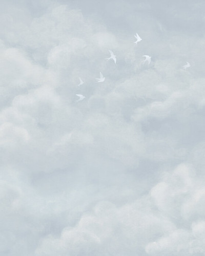 Fototapet Tender Clouds with White Swallows, Soft Blue, cu nori pufoși și păsări albe pe un fond albastru moale.