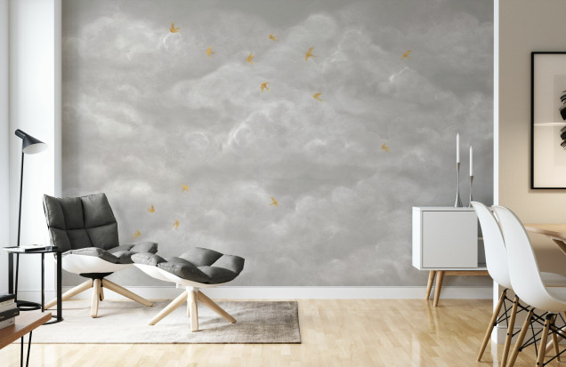 Fototapet Tender Clouds with Yellow Swallows, Beige, Photowall