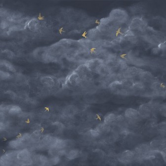 Fototapet Tender Clouds with Yellow Swallows, Dark Blue, Photowall