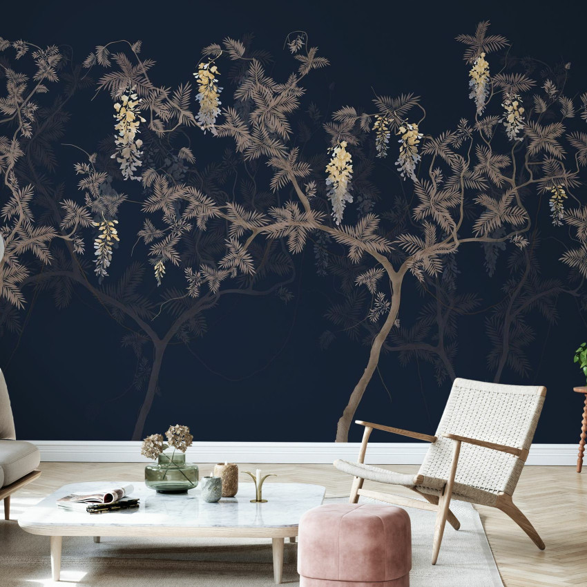 Fototapet cu design floral elegant, cu ramuri și flori delicate.